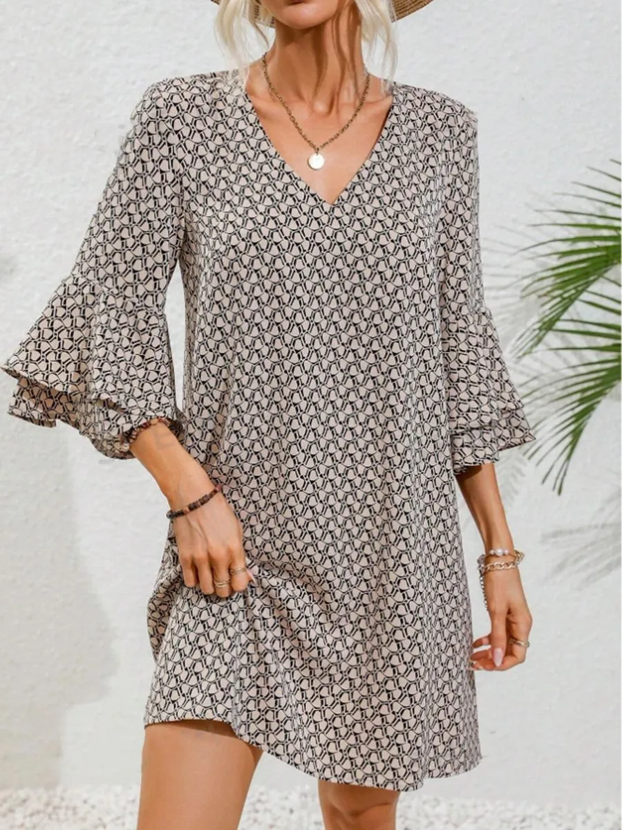 V-Neck Flared Three-Quarter Sleeve Short Dress