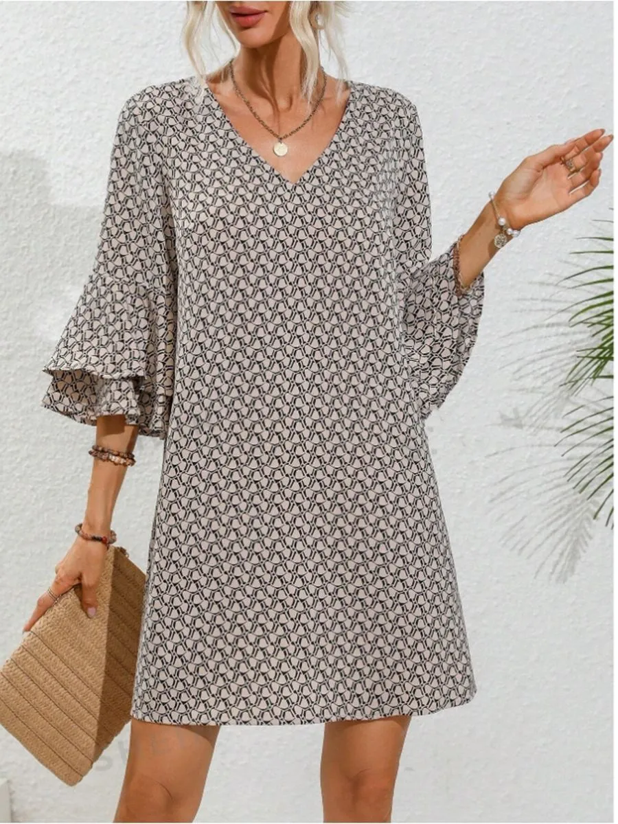 V-Neck Flared Three-Quarter Sleeve Short Dress
