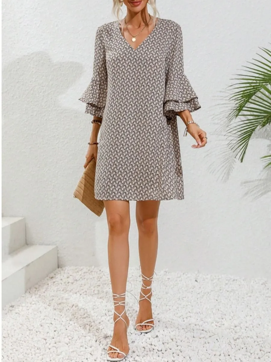 V-Neck Flared Three-Quarter Sleeve Short Dress