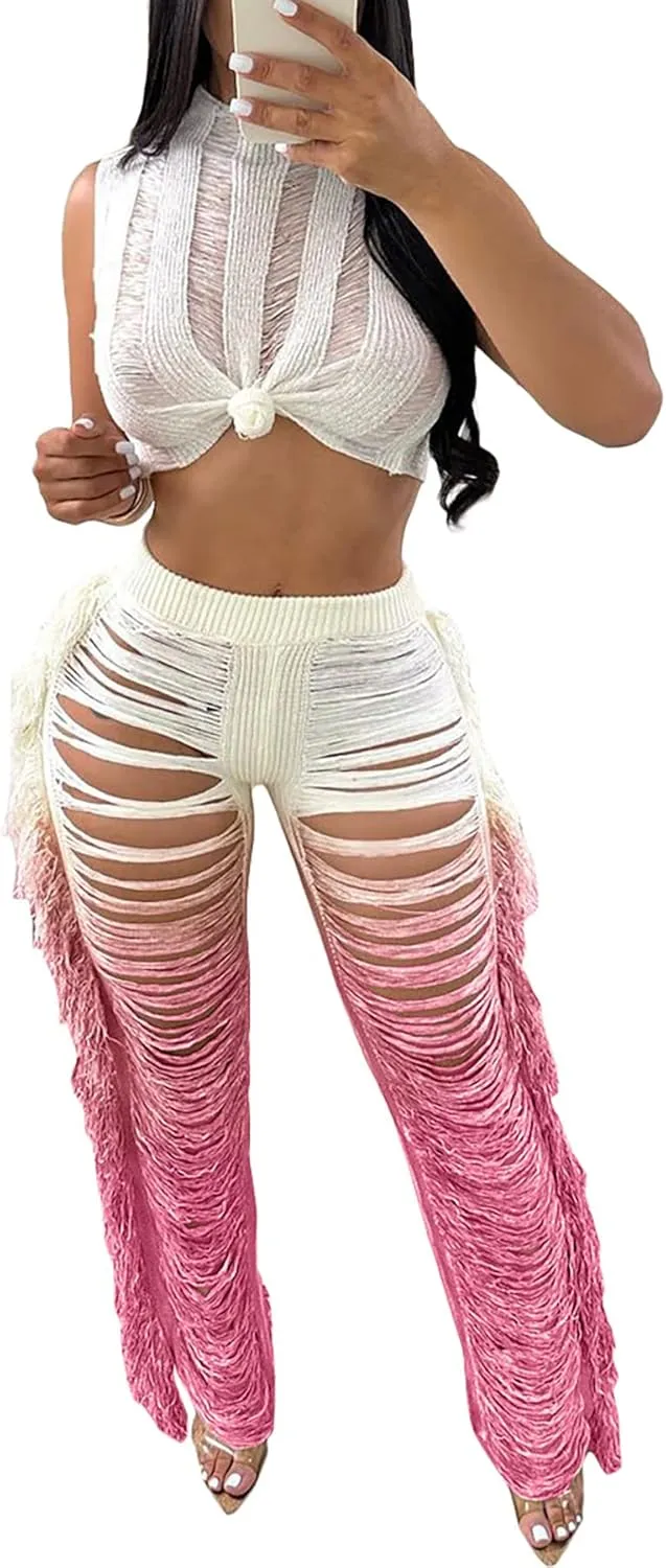 Vaceky Sexy 2 Piece Outfits Women Crochet Bikini Coverups Crop Tank Colorful Fringe Pants Sets