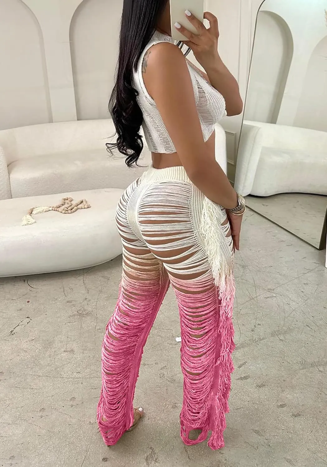 Vaceky Sexy 2 Piece Outfits Women Crochet Bikini Coverups Crop Tank Colorful Fringe Pants Sets