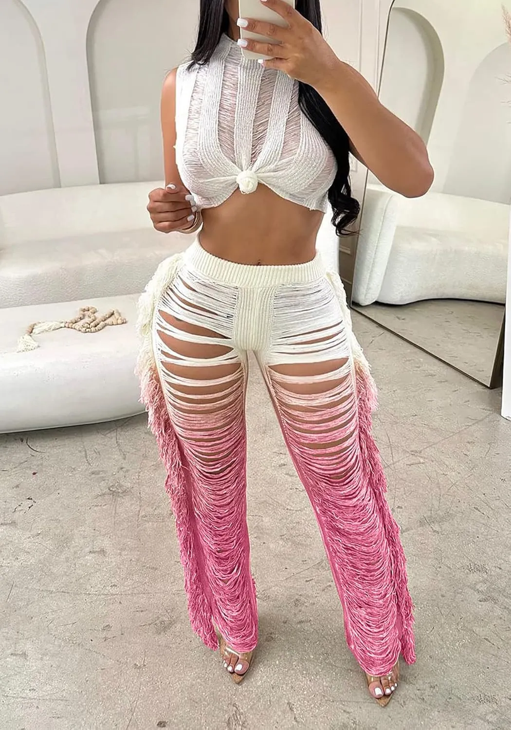 Vaceky Sexy 2 Piece Outfits Women Crochet Bikini Coverups Crop Tank Colorful Fringe Pants Sets
