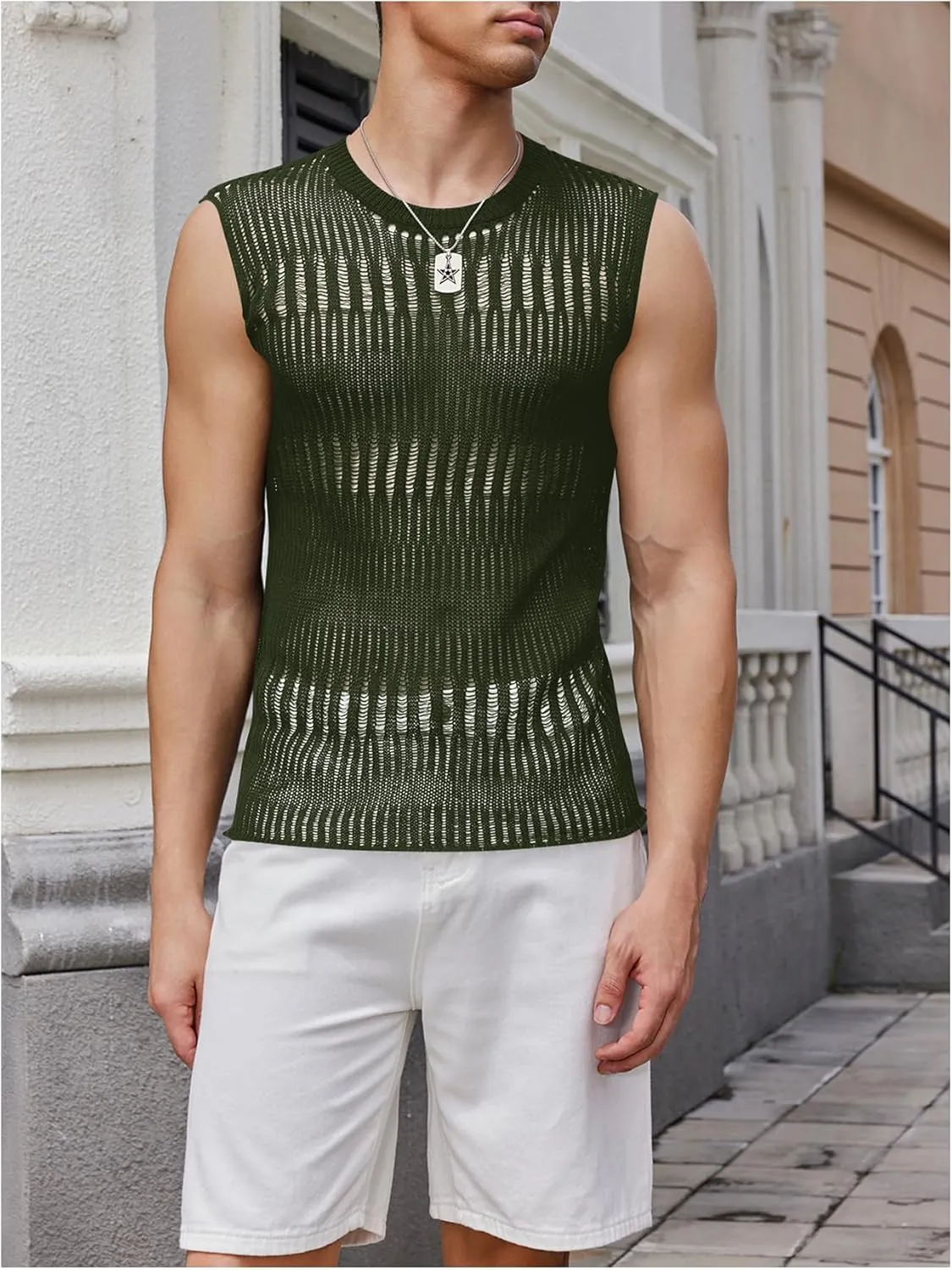Verdusa Men's Knitted Tank Top Sleeveless Round Neck Pullover Shirt Undershirt