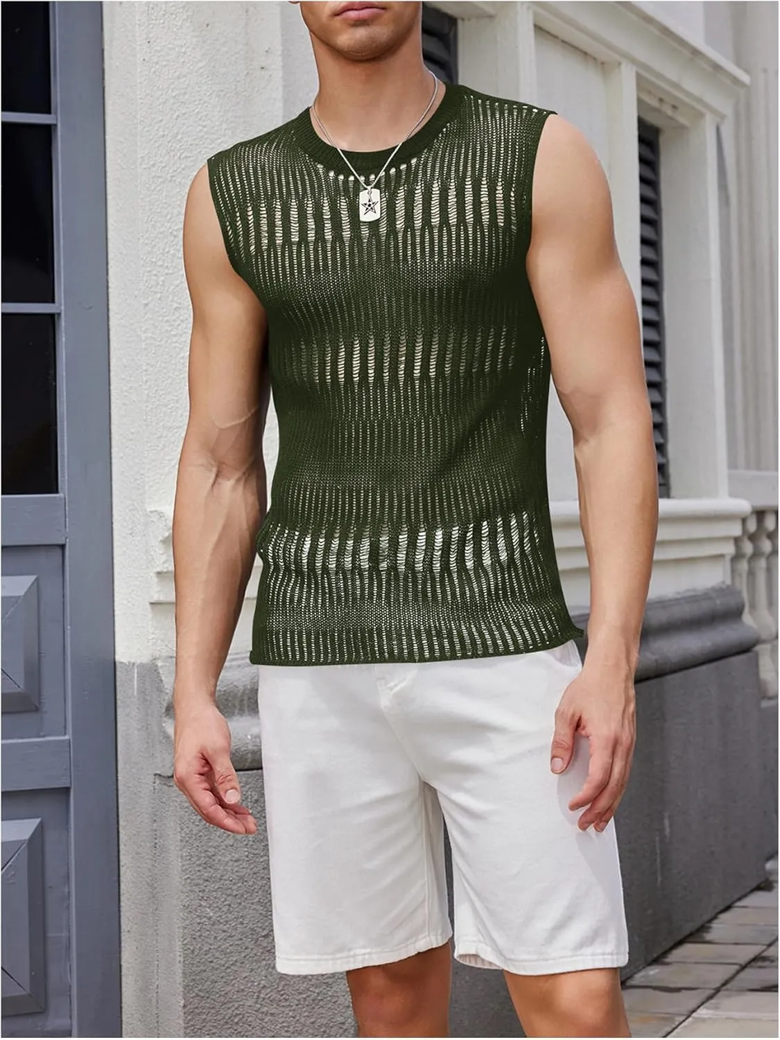 Verdusa Men's Knitted Tank Top Sleeveless Round Neck Pullover Shirt Undershirt