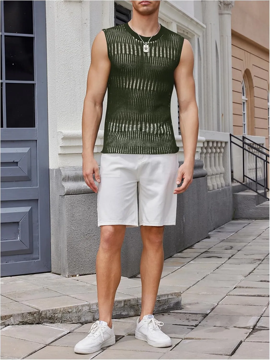 Verdusa Men's Knitted Tank Top Sleeveless Round Neck Pullover Shirt Undershirt