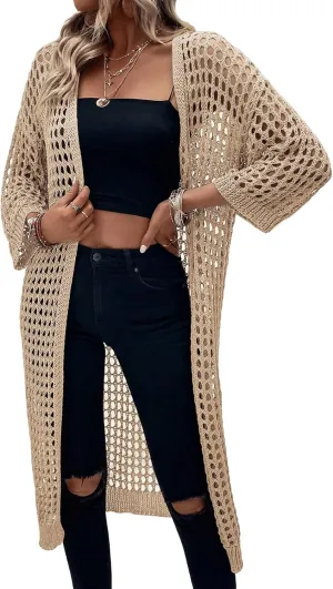 Verdusa Women's Hollow Out 3/4 Sleeve Open Front Knit Cardigan Long Kimono