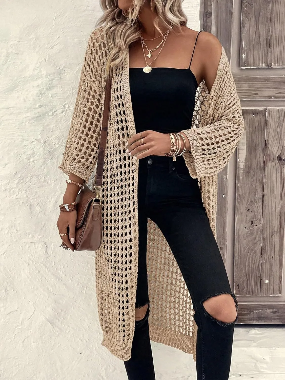 Verdusa Women's Hollow Out 3/4 Sleeve Open Front Knit Cardigan Long Kimono