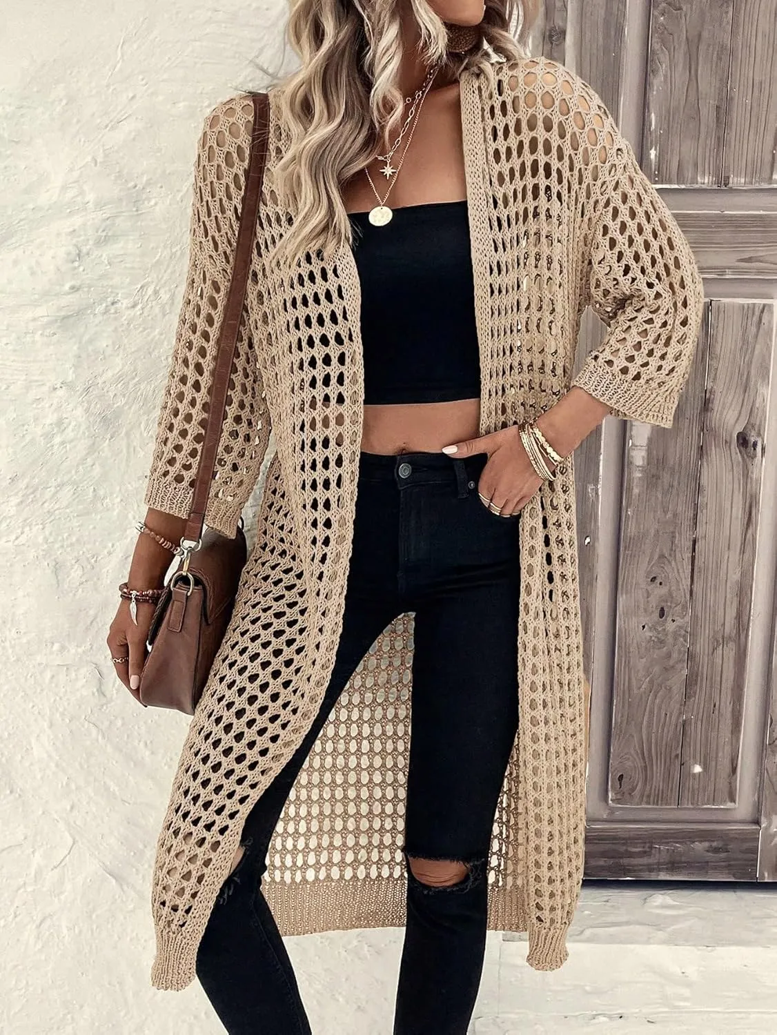 Verdusa Women's Hollow Out 3/4 Sleeve Open Front Knit Cardigan Long Kimono