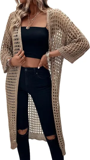 Verdusa Women's Hollow Out 3/4 Sleeve Open Front Knit Cardigan Long Kimono
