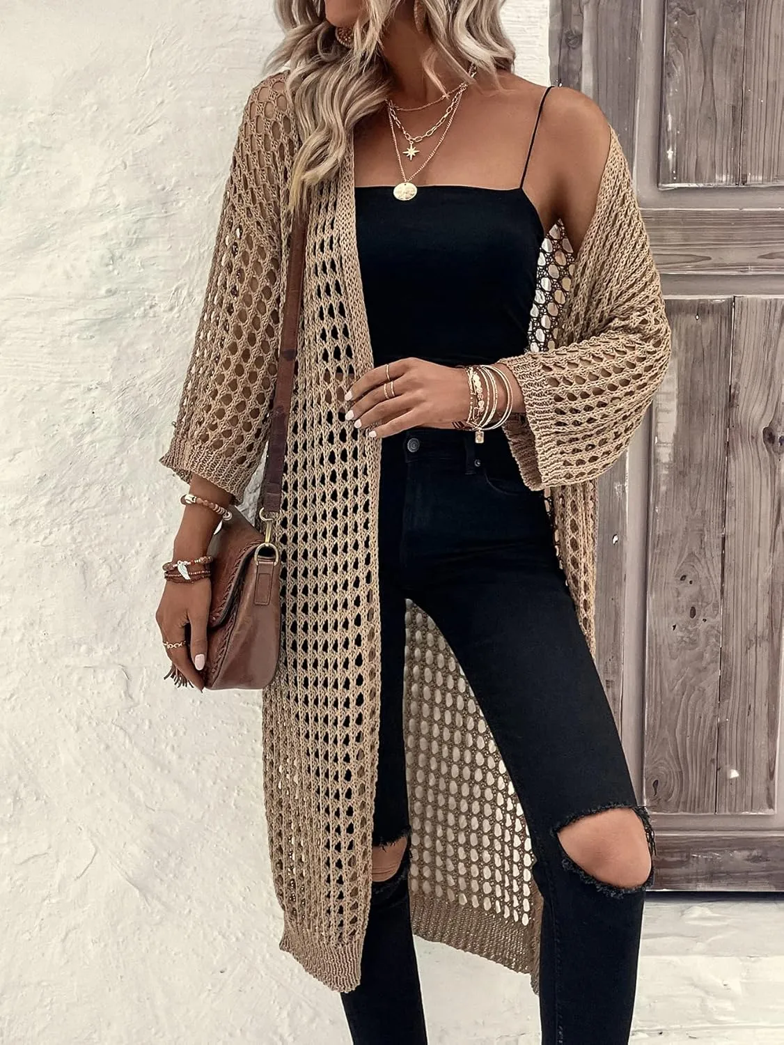 Verdusa Women's Hollow Out 3/4 Sleeve Open Front Knit Cardigan Long Kimono