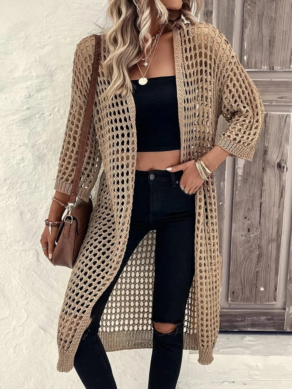 Verdusa Women's Hollow Out 3/4 Sleeve Open Front Knit Cardigan Long Kimono