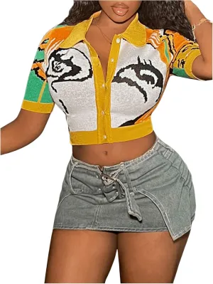 WDIRARA Women's Graphic Color Block Crop Cardigan Slim Fit Short Sleeve Sweater Button Down Knitwear