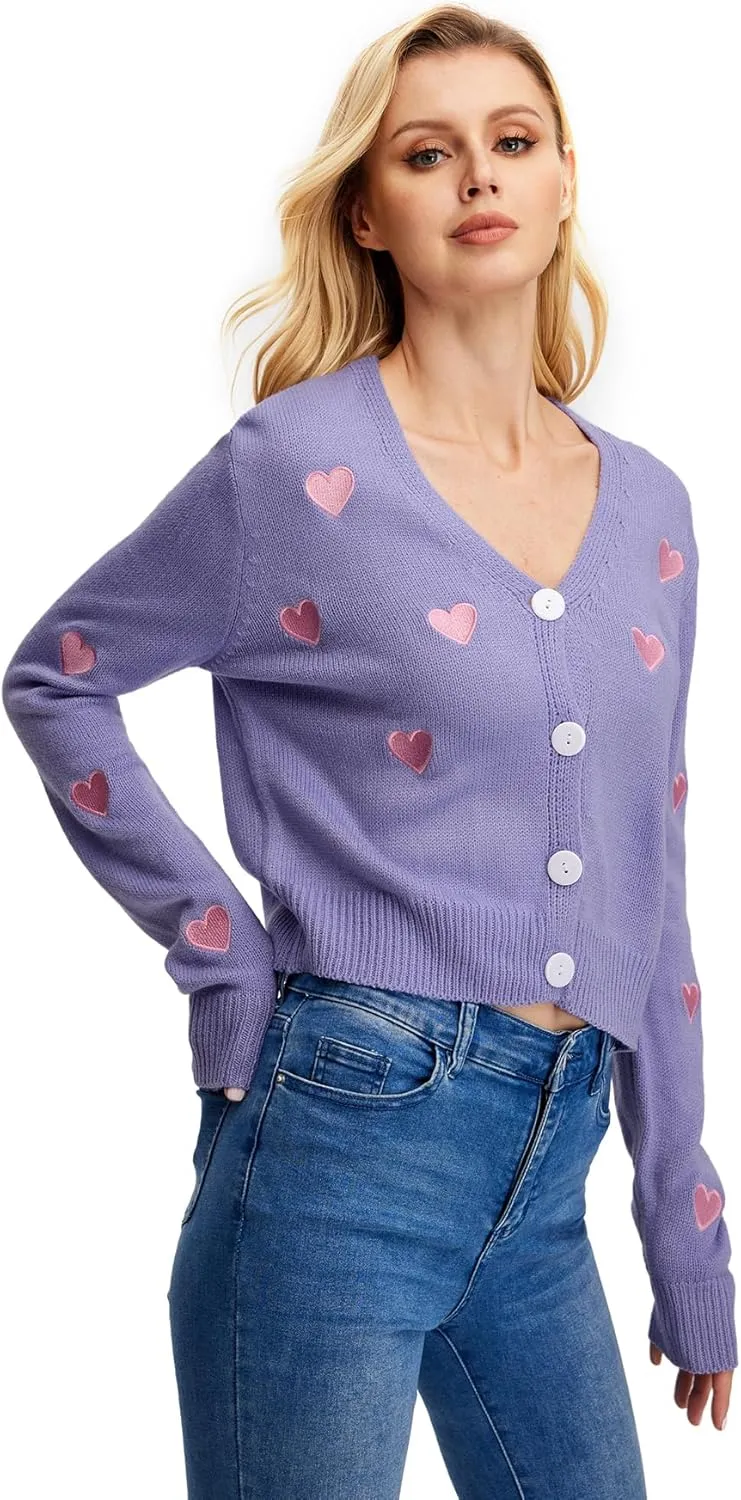 WDIRARA Women's Heart Embroidered V Neck Button Down Knitwear Lightweight Basic Cardigan