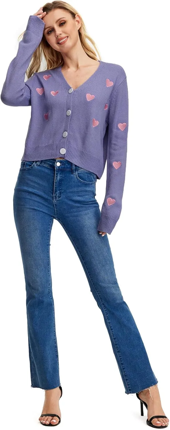 WDIRARA Women's Heart Embroidered V Neck Button Down Knitwear Lightweight Basic Cardigan