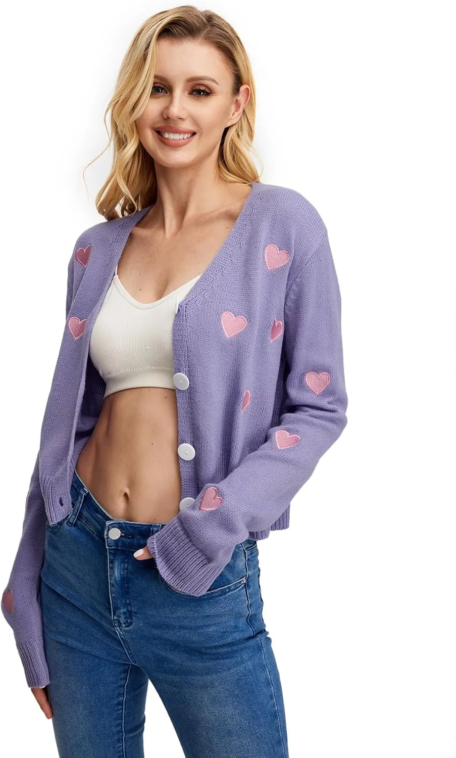 WDIRARA Women's Heart Embroidered V Neck Button Down Knitwear Lightweight Basic Cardigan