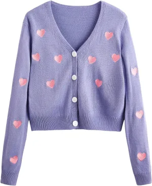 WDIRARA Women's Heart Embroidered V Neck Button Down Knitwear Lightweight Basic Cardigan