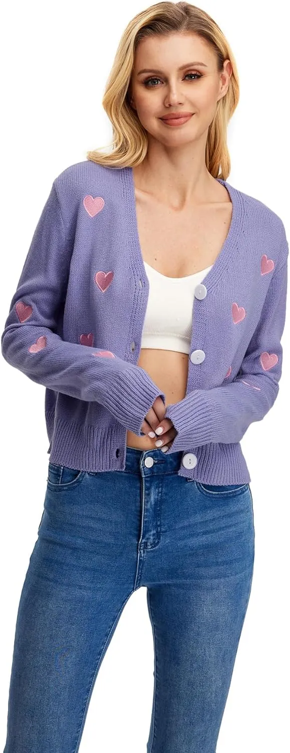 WDIRARA Women's Heart Embroidered V Neck Button Down Knitwear Lightweight Basic Cardigan