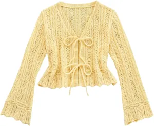 WDIRARA Women's Tie Front Bell Long Sleeve Cardigan Crochet Sweater Ruffle Hem Knitwear Crop Top