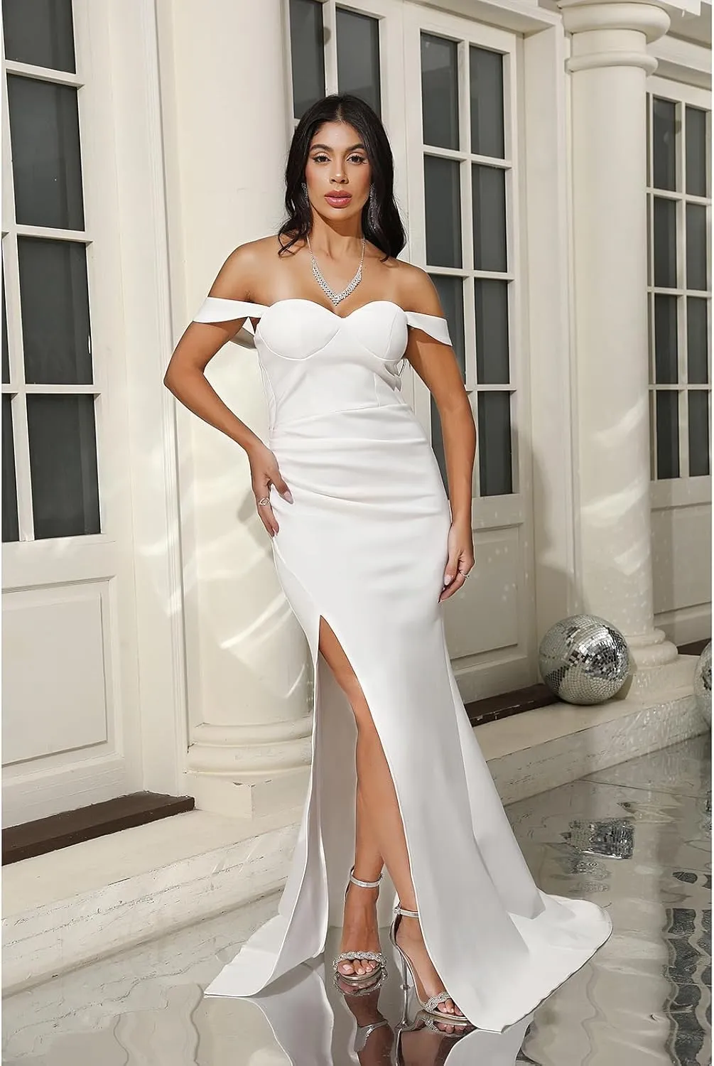 White Long Women's Sleeveless Formal Dresses Wrap Gowns Evening with Slit Elegant V Neck Sexy Cocktail Dresses