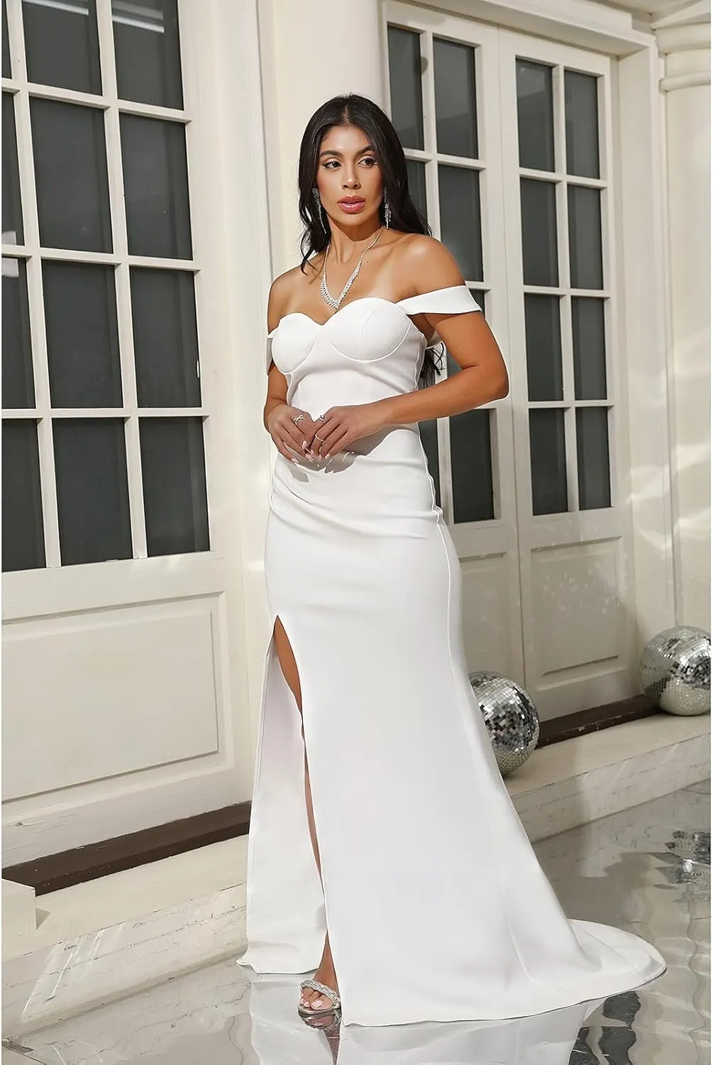 White Long Women's Sleeveless Formal Dresses Wrap Gowns Evening with Slit Elegant V Neck Sexy Cocktail Dresses