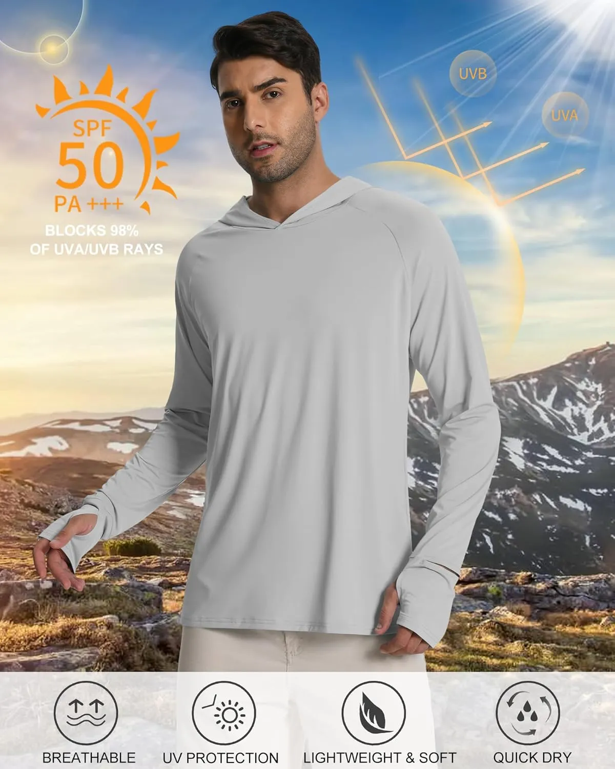 WISREMT 2 Pack Mens UPF 50  Rash Guard Long Sleeve Swim Sun Fishing Shirts Hood UV Protection Quick Dry Athletic Hoodies