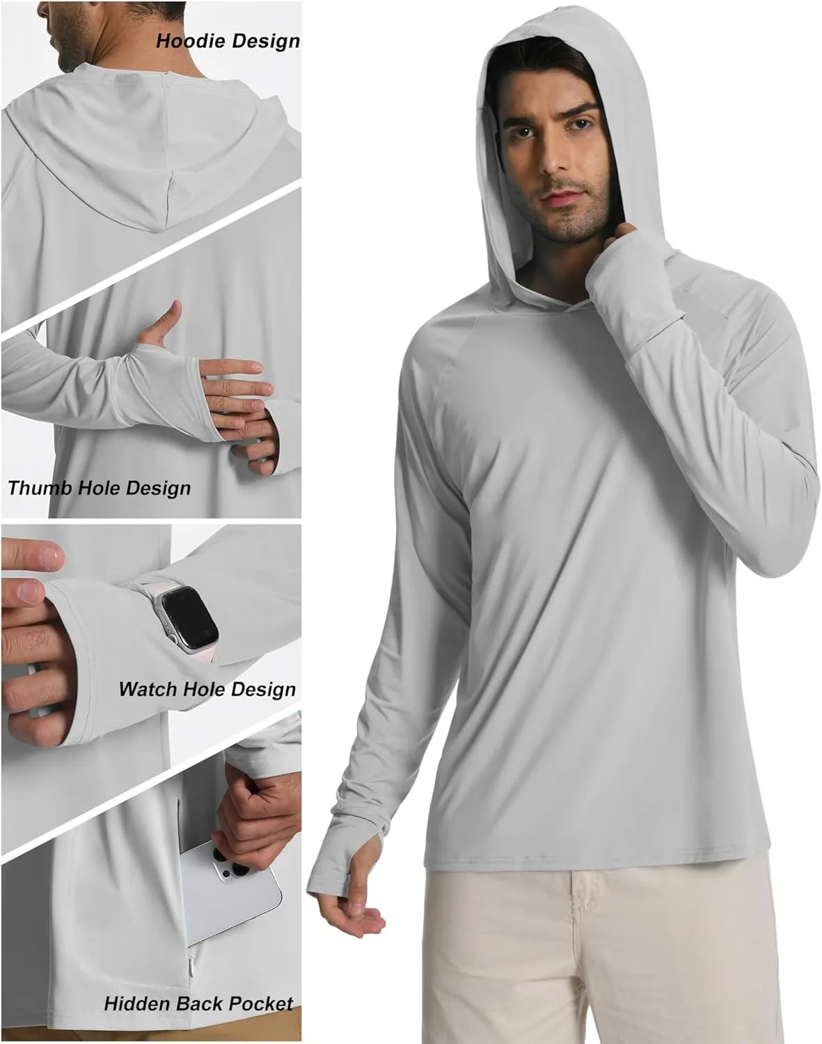 WISREMT 2 Pack Mens UPF 50  Rash Guard Long Sleeve Swim Sun Fishing Shirts Hood UV Protection Quick Dry Athletic Hoodies