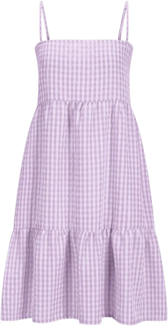 Women 2025 Summer Plaid Mini Dress Casual Boho Sleeveless Ruffle Spaghetti Strap Cami Babydoll Dresses with Pockets
