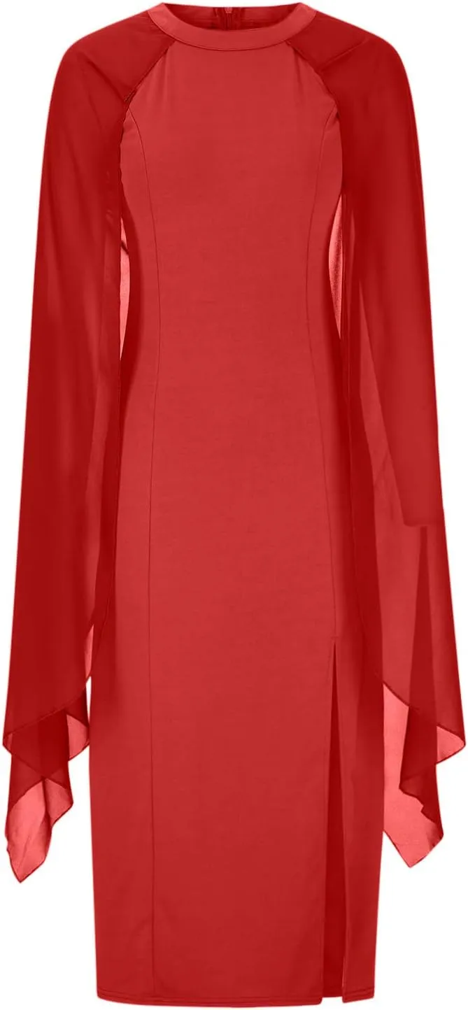 Women Elegant Split Cocktail Pencil Dress Cape Sleeve Chiffon Patchwork Formal Evening Maxi Gowns Wedding Dresses