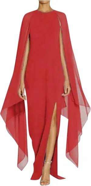 Women Elegant Split Cocktail Pencil Dress Cape Sleeve Chiffon Patchwork Formal Evening Maxi Gowns Wedding Dresses