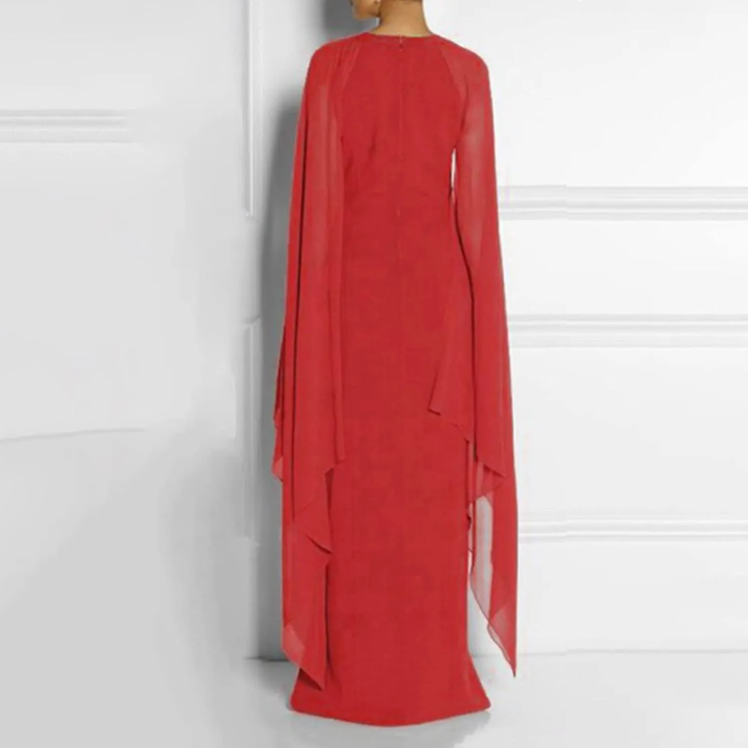Women Elegant Split Cocktail Pencil Dress Cape Sleeve Chiffon Patchwork Formal Evening Maxi Gowns Wedding Dresses