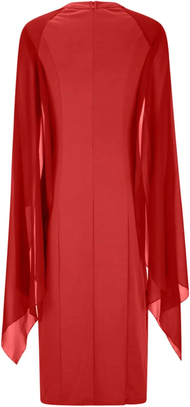 Women Elegant Split Cocktail Pencil Dress Cape Sleeve Chiffon Patchwork Formal Evening Maxi Gowns Wedding Dresses