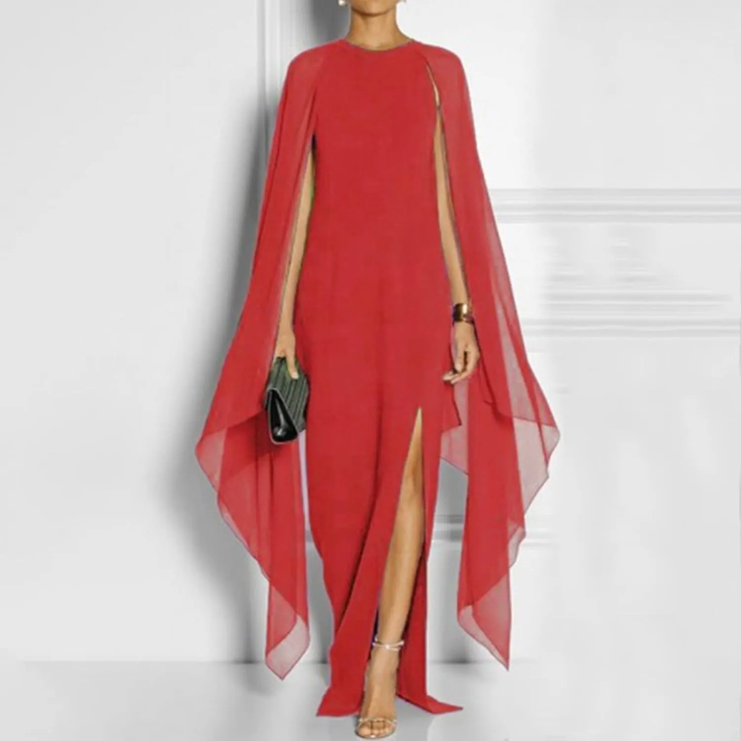 Women Elegant Split Cocktail Pencil Dress Cape Sleeve Chiffon Patchwork Formal Evening Maxi Gowns Wedding Dresses