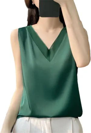 Women Fashion Solid Silk Camisole Summer Casual Loose V-Neck Sleeveless Tank Top All-Match Top Tees