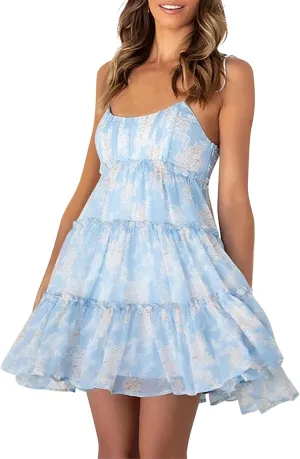 Women Floral Mini Dress Spaghetti Strap Ruffle Tiered Dress Cute Summer Chiffon Flowy Beach Vacation Sun Dresses