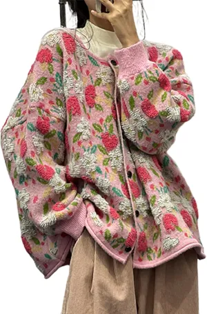 Women Flower Fruit Embroidery Sweater Button Down Oversized Cardigan Knitted Long Sleeve Winter Top Knitwear