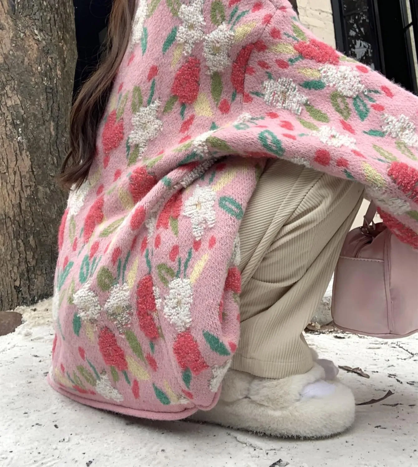 Women Flower Fruit Embroidery Sweater Button Down Oversized Cardigan Knitted Long Sleeve Winter Top Knitwear