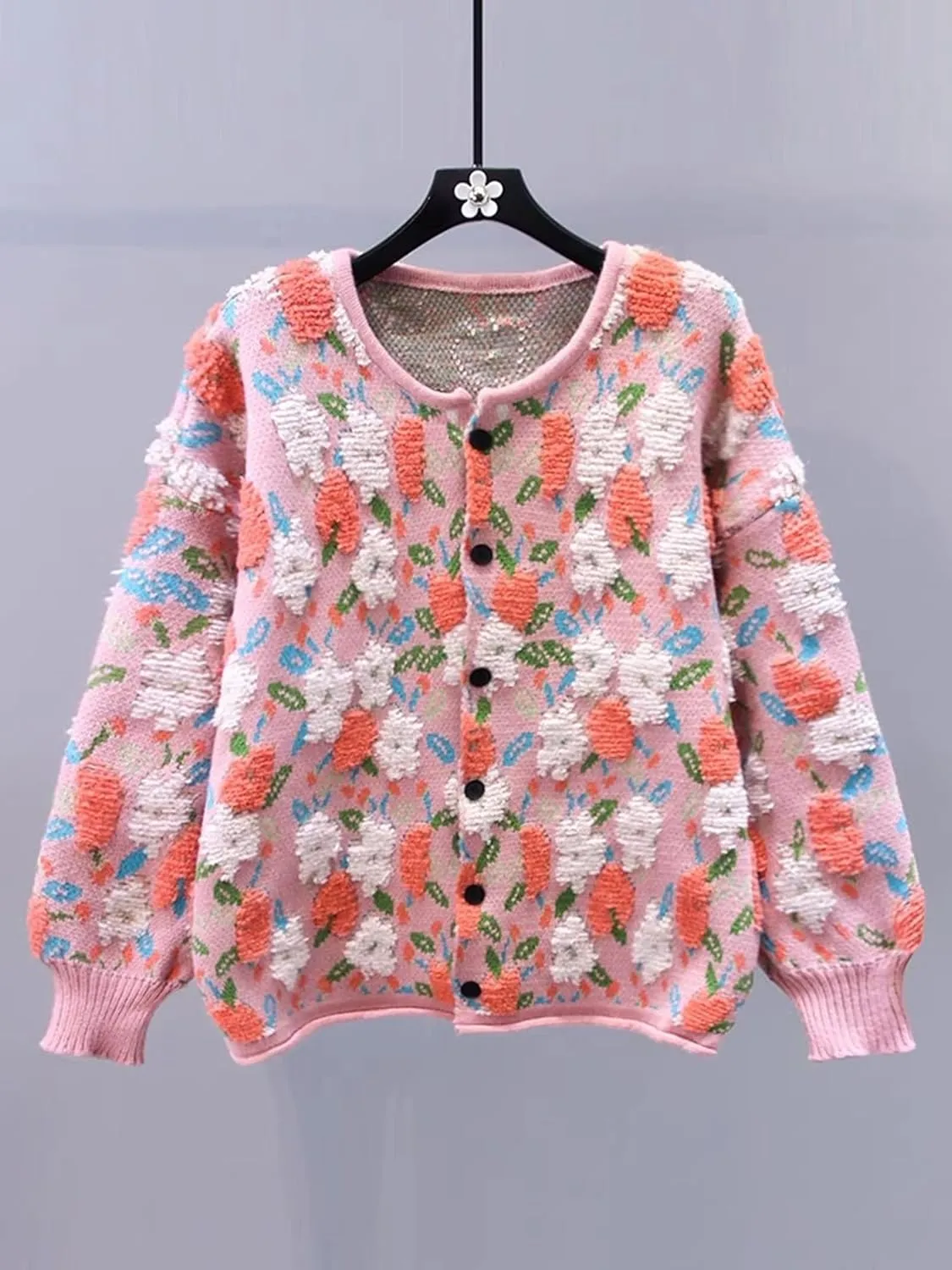 Women Flower Fruit Embroidery Sweater Button Down Oversized Cardigan Knitted Long Sleeve Winter Top Knitwear