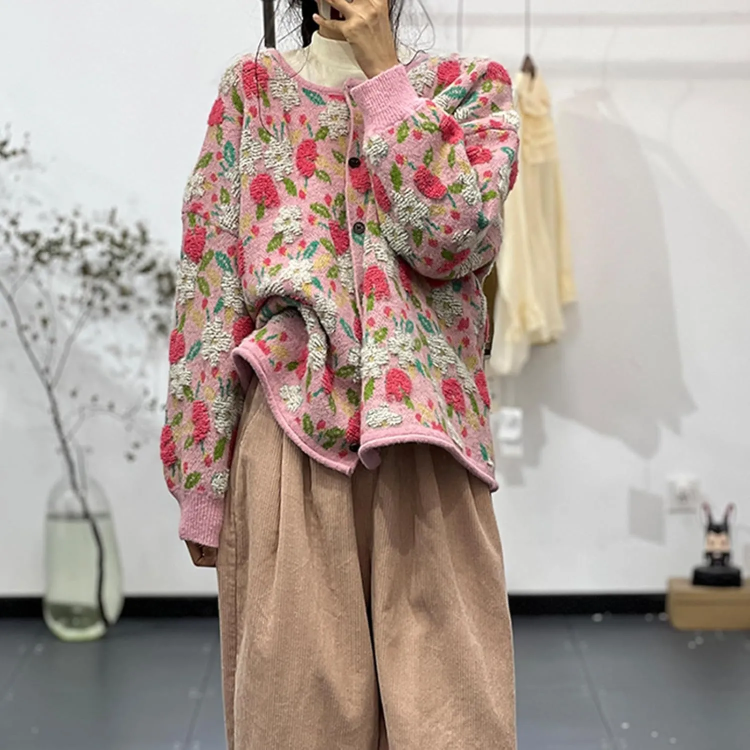 Women Flower Fruit Embroidery Sweater Button Down Oversized Cardigan Knitted Long Sleeve Winter Top Knitwear