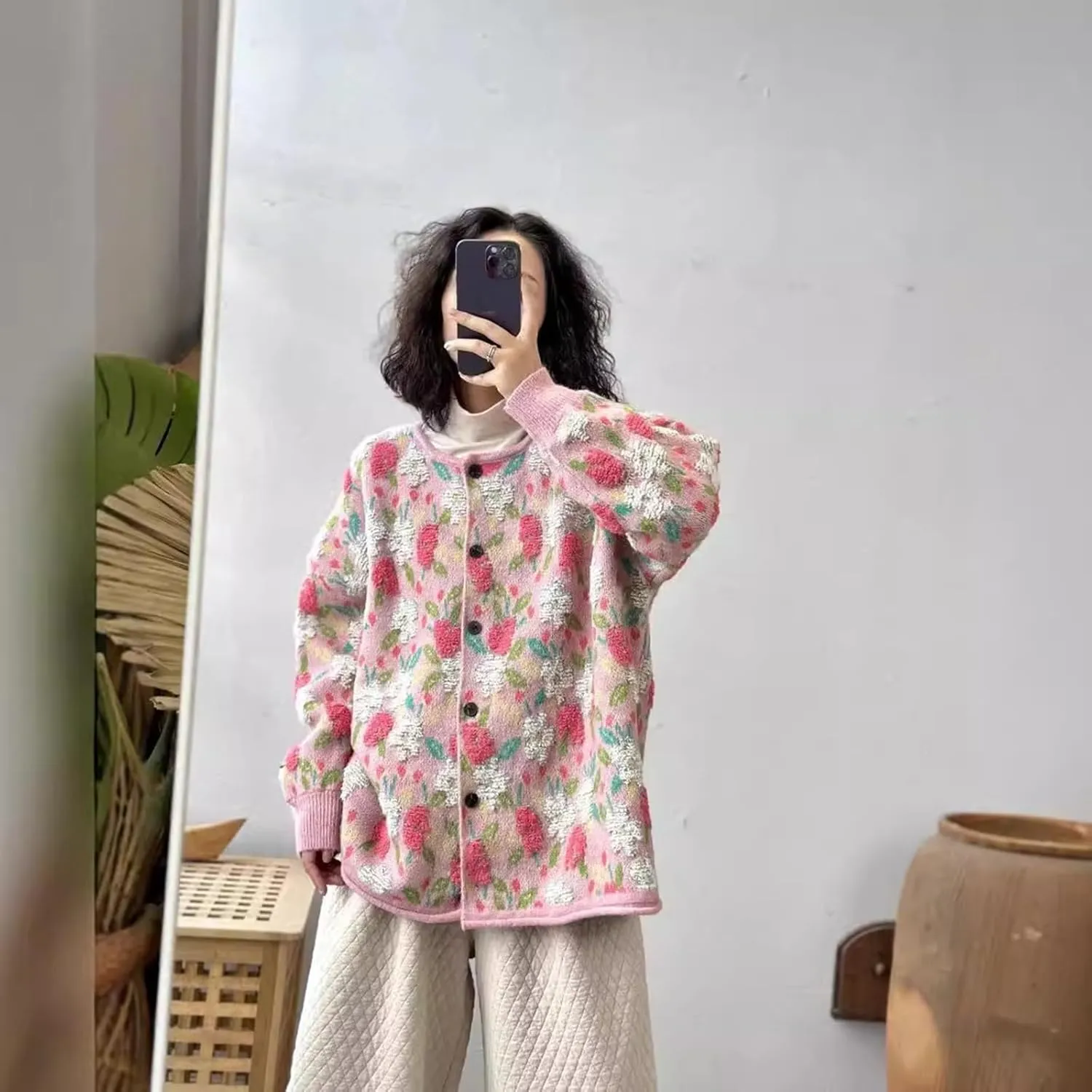 Women Flower Fruit Embroidery Sweater Button Down Oversized Cardigan Knitted Long Sleeve Winter Top Knitwear