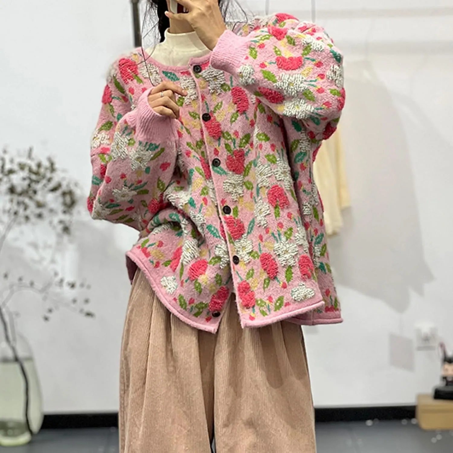 Women Flower Fruit Embroidery Sweater Button Down Oversized Cardigan Knitted Long Sleeve Winter Top Knitwear