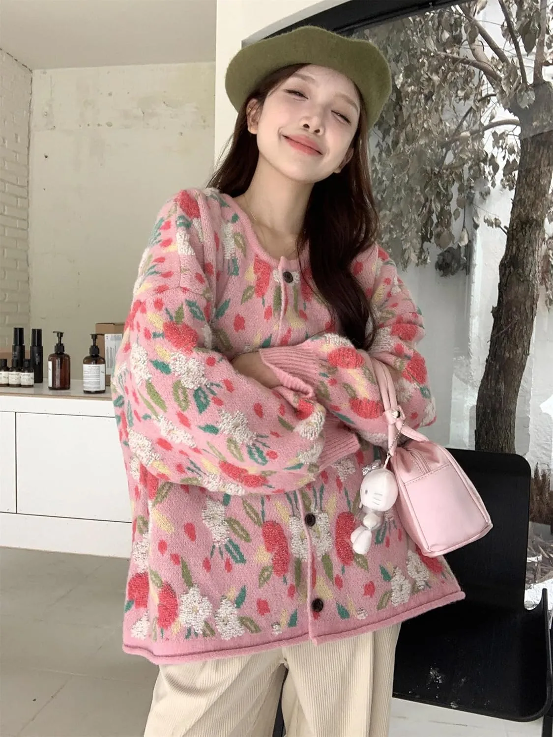 Women Flower Fruit Embroidery Sweater Button Down Oversized Cardigan Knitted Long Sleeve Winter Top Knitwear