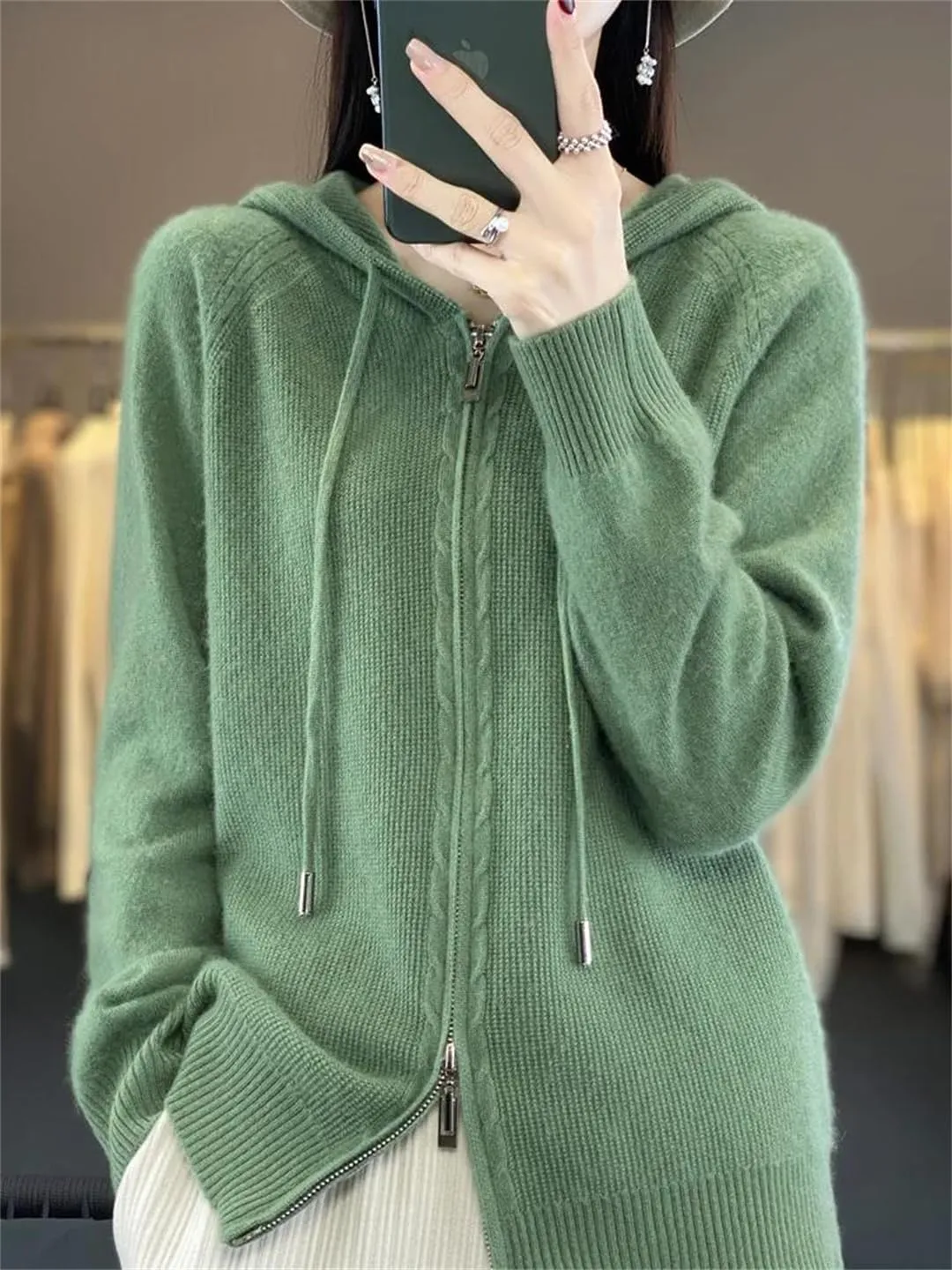 Women Hoodies Cardigan Wool Sweater Winter Zipper Long Sleeves Solid Cashmere Knitwear