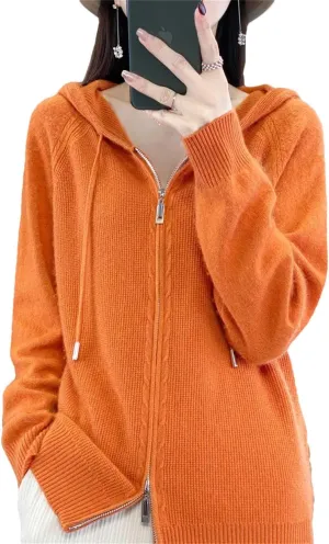 Women Hoodies Cardigan Wool Sweater Winter Zipper Long Sleeves Solid Cashmere Knitwear