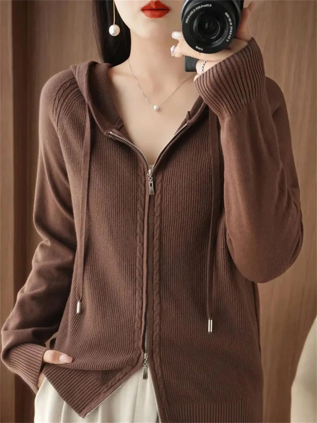 Women Hoodies Cardigan Wool Sweater Winter Zipper Long Sleeves Solid Cashmere Knitwear