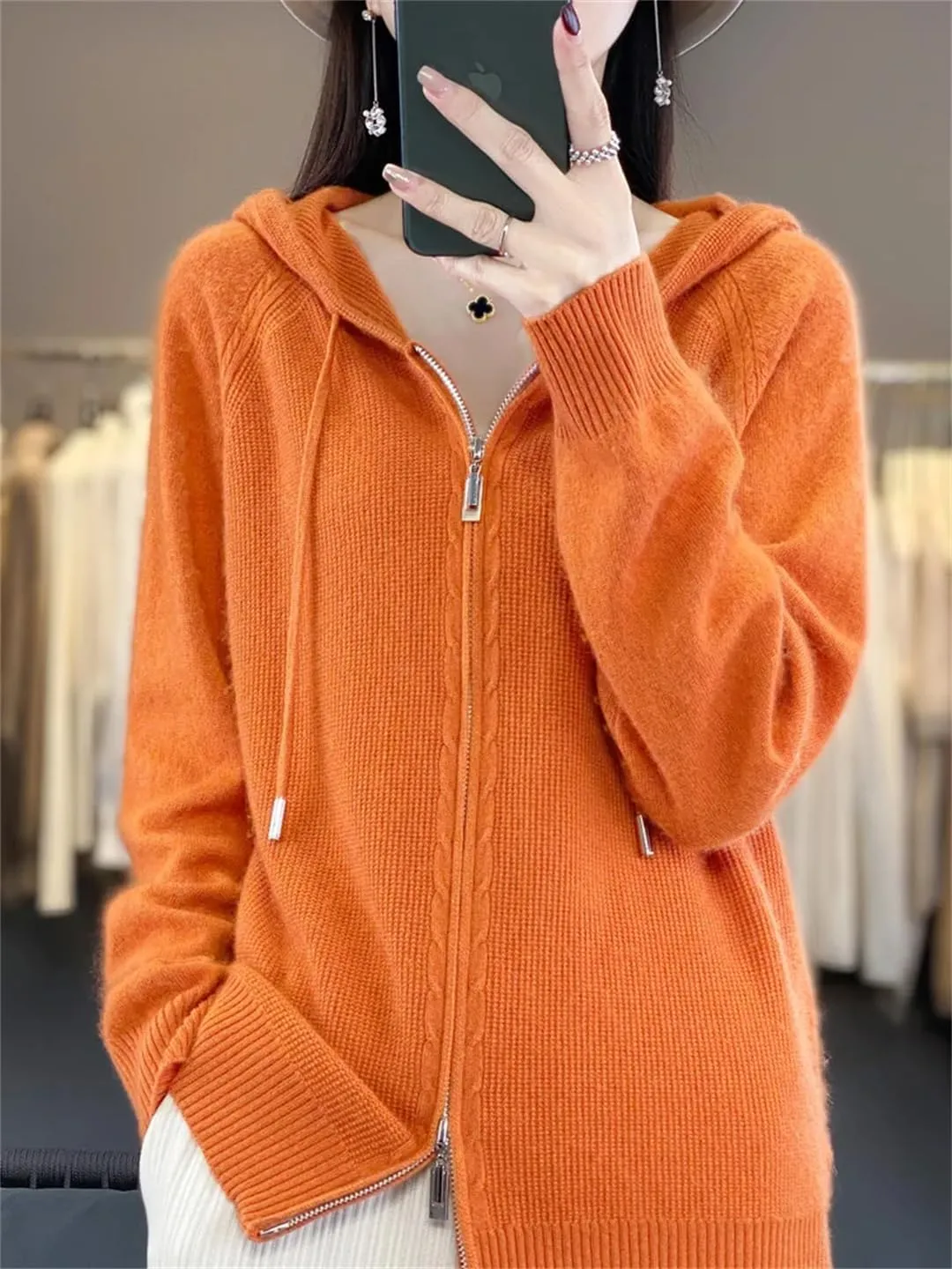 Women Hoodies Cardigan Wool Sweater Winter Zipper Long Sleeves Solid Cashmere Knitwear