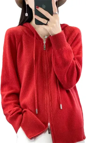 Women Hoodies Cardigan Wool Sweater Winter Zipper Long Sleeves Solid Cashmere Knitwear