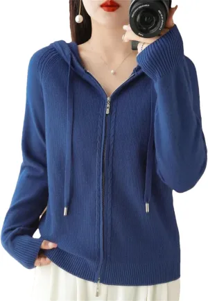 Women Hoodies Cardigan Wool Sweater Winter Zipper Long Sleeves Solid Cashmere Knitwear