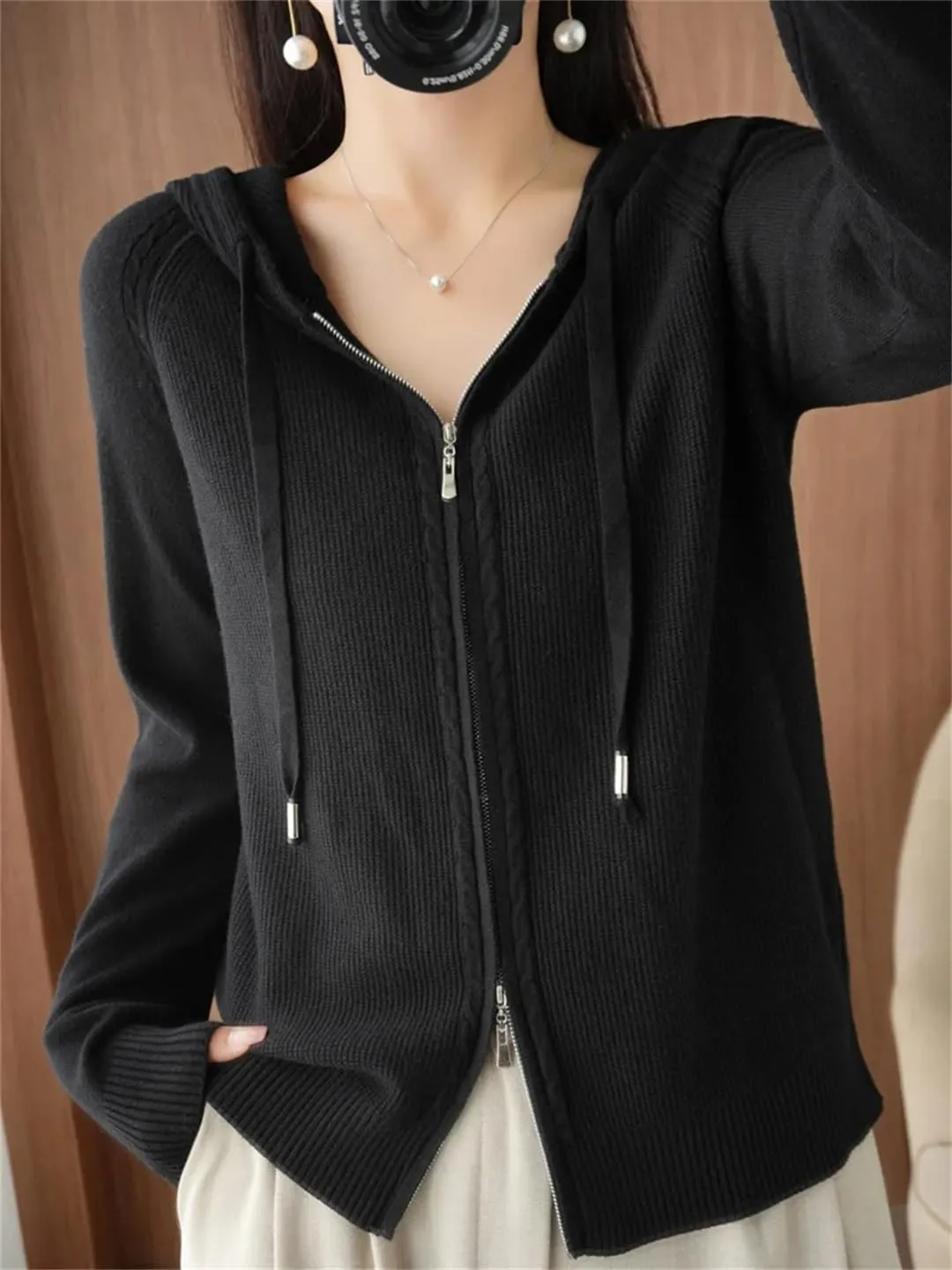 Women Hoodies Cardigan Wool Sweater Winter Zipper Long Sleeves Solid Cashmere Knitwear