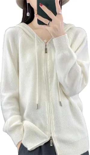 Women Hoodies Cardigan Wool Sweater Winter Zipper Long Sleeves Solid Cashmere Knitwear