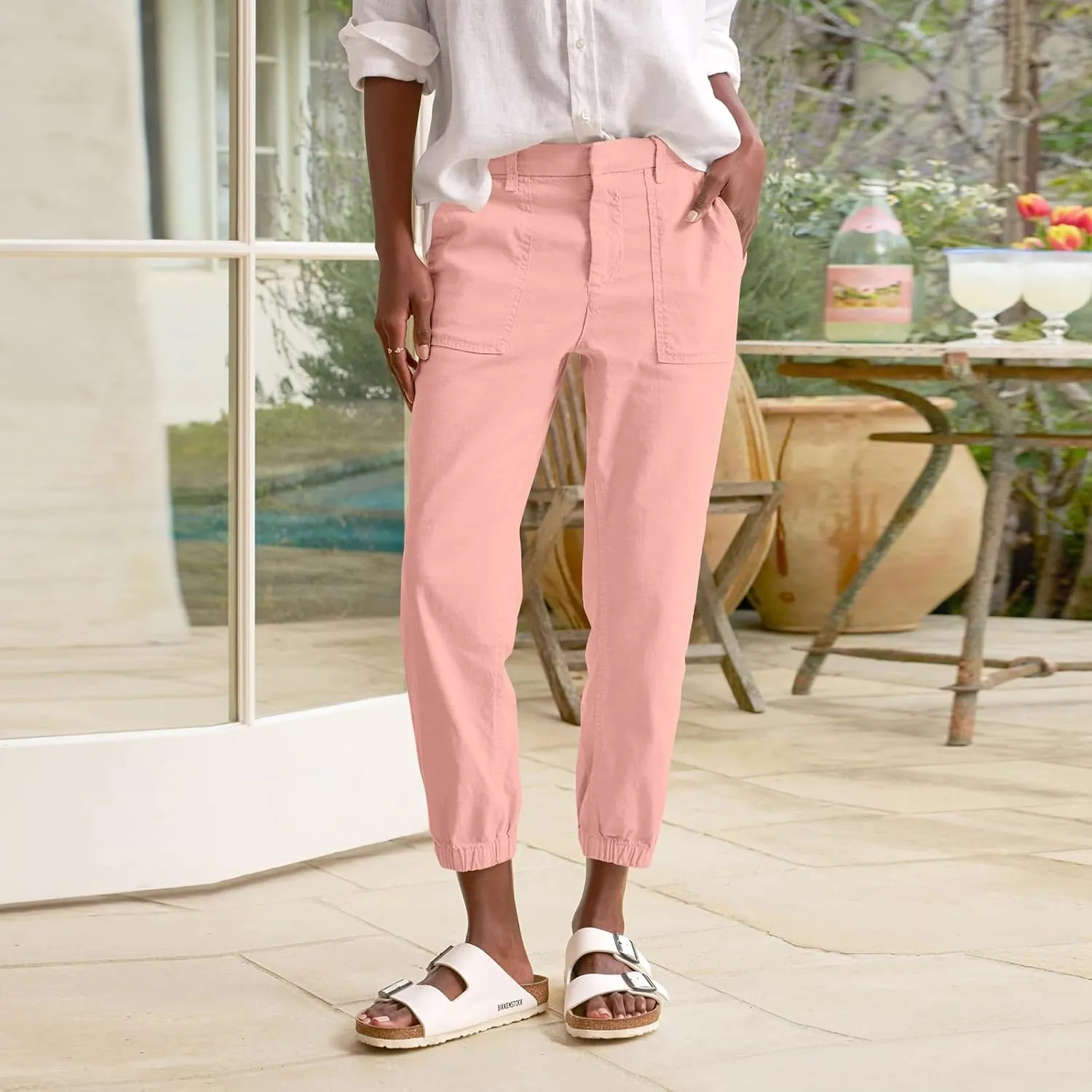 Women Linen Joggers Casual Cropped Linen Pants High Waisted Tapered Leg Jogger with Pockets Ankle Length Chino Pants